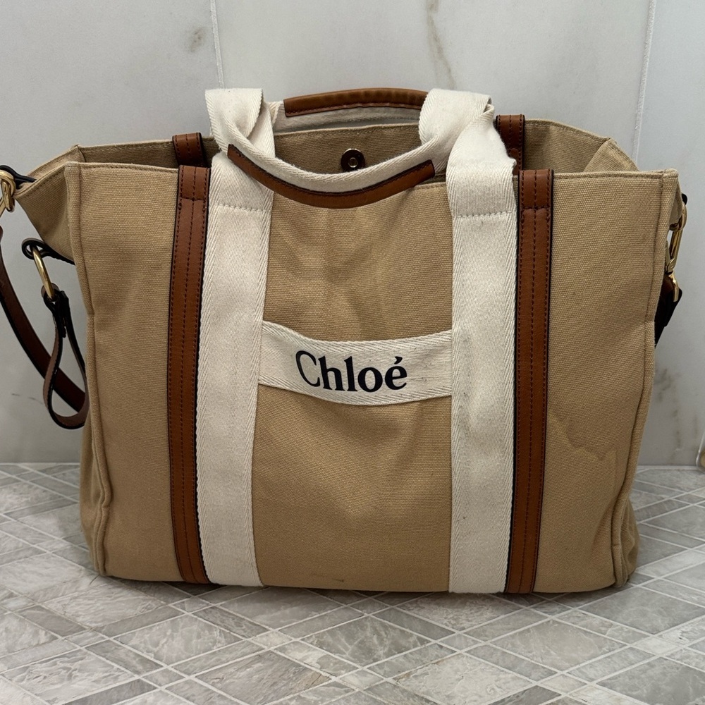 Chloé Beige Canvas Tote with White Straps and Brown Trim